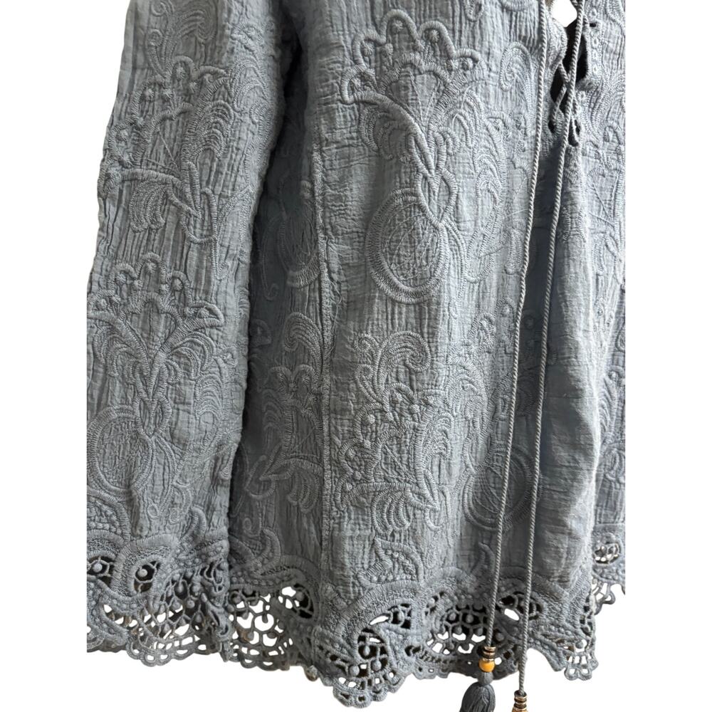 Oddy Blouse Medium Blue Boho Lace Embroidered Tassel Tie Peasant Top Nee - Picture 3 of 9